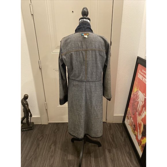 Vintage 90s Kitsch Denim Trench Dress M 100% Cotton Half Belted Western Sz Med - Picture 5 of 6
